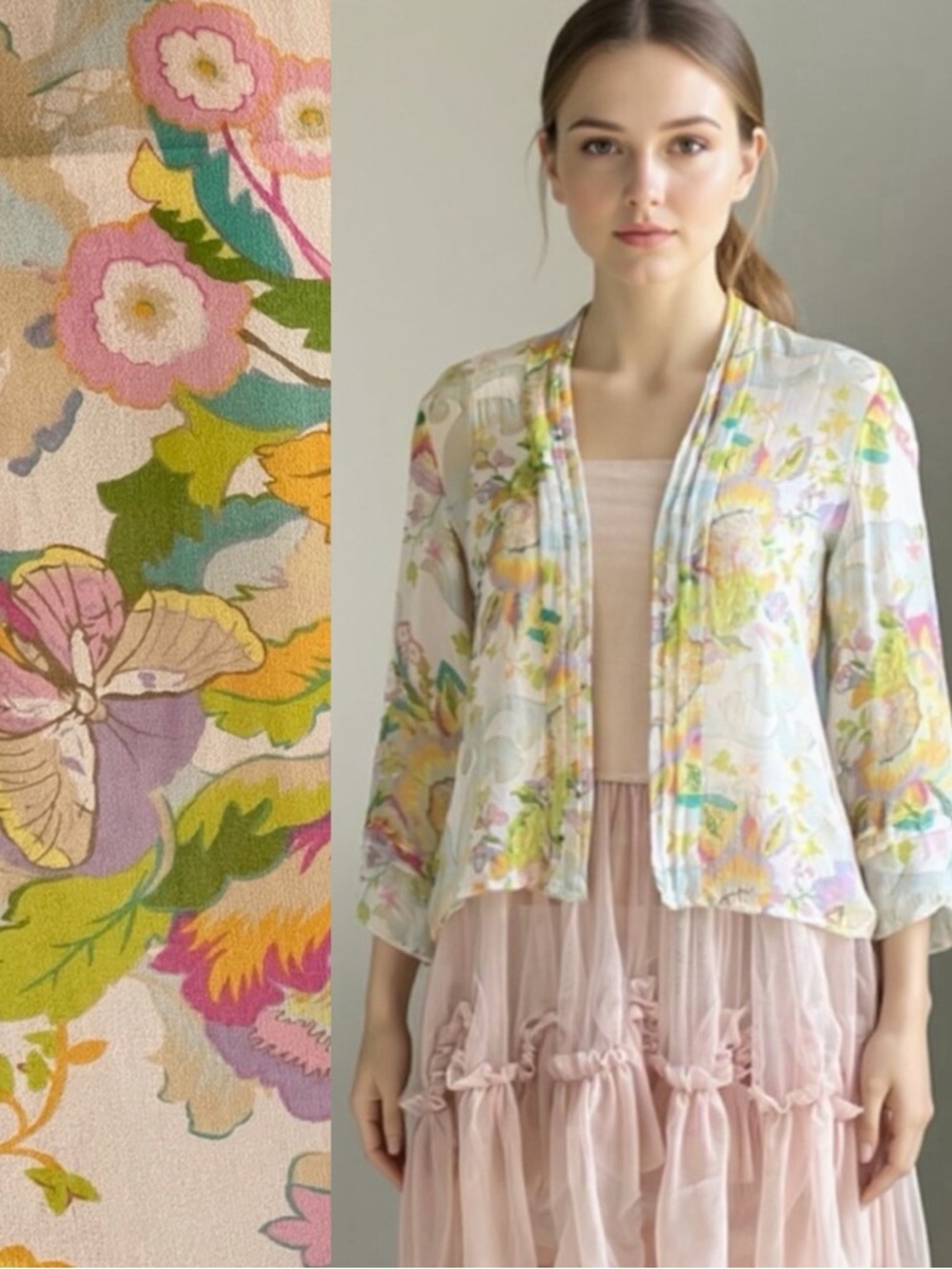Pastel Fairycore Citrus Garden Floral Butterfly Art to Wear  Top Size Small Rare
